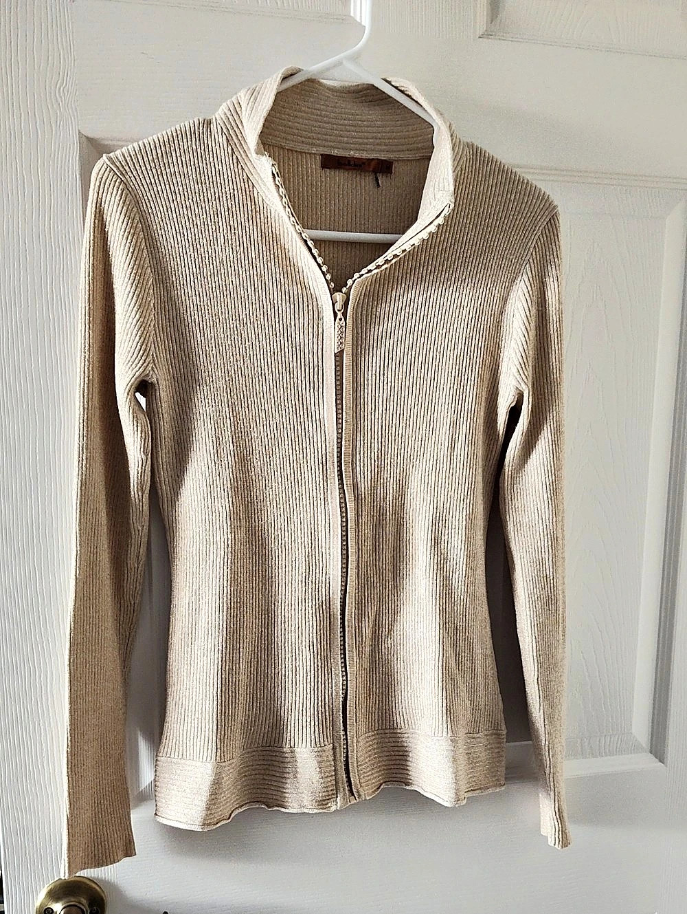belldini Lurex Zip Cardigan in Beige Size Medium Like New